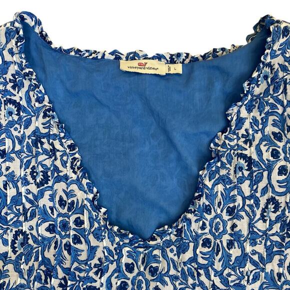 Vineyard Vines Sz L Katama Tile Blue Scarf Pintuck Top Blouse Coastal Boho - Picture 8 of 16